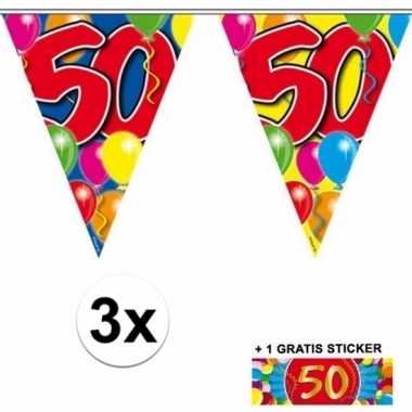 3 gekleurde slingers 50 jaar met sticker