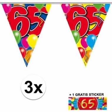3 gekleurde slingers 65 jaar met sticker