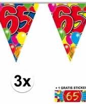 3 gekleurde slingers 65 jaar met sticker